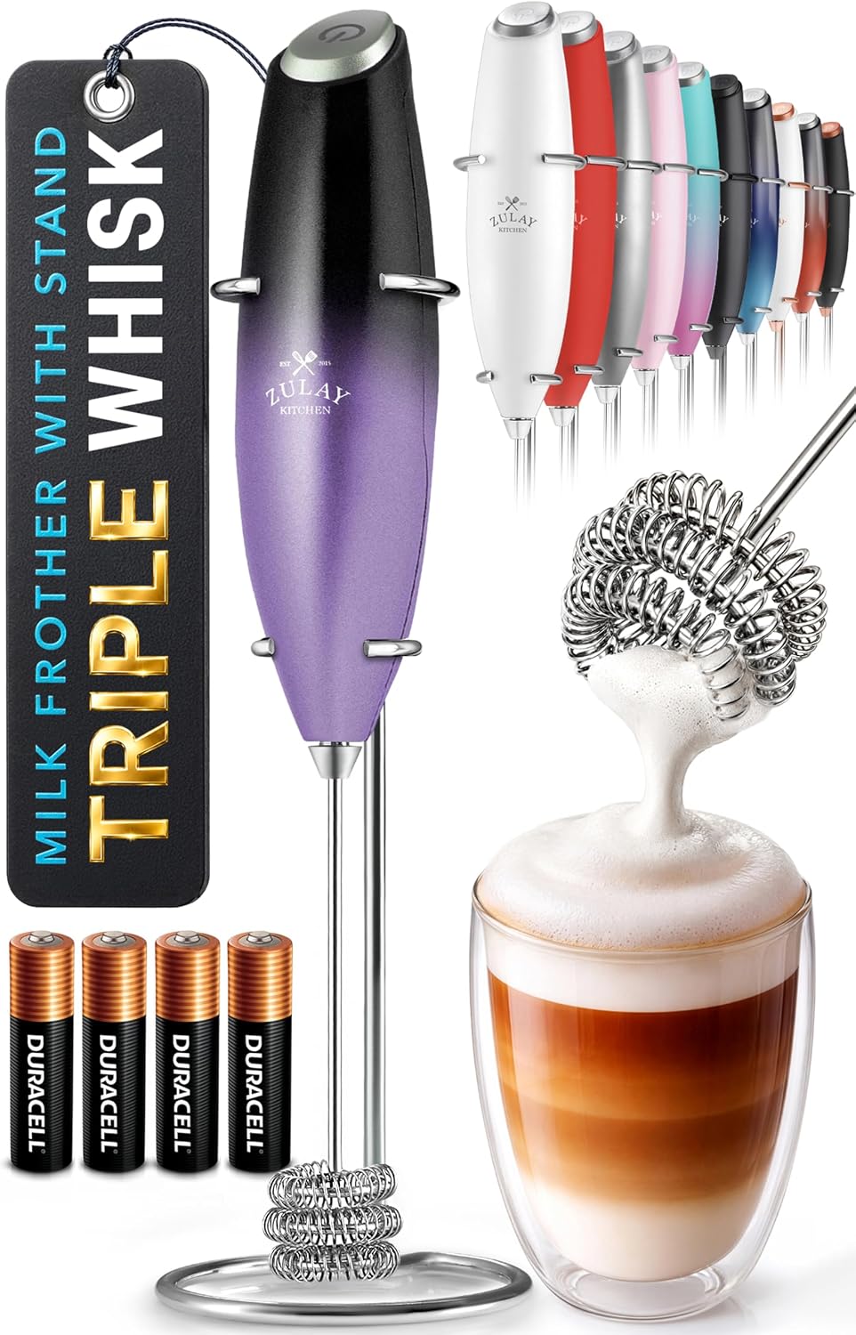 Zulay Kitchen Powerful Milk Frother Wand With Duracell Batteries - Ultra Fast Handheld Drink Mixer - Electric Whisk Foam Maker for Coffee, Lattes, Cappuccino & Matcha - Triple Whisk - Pale Cloud