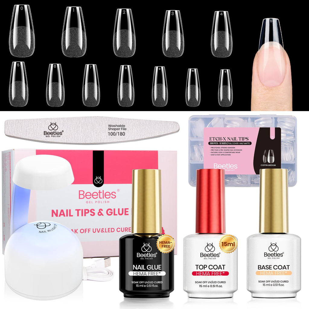 Beetles Soft Gel Nail Tips Short Almond 288pcs in 12 Sizes Etch-X | Pre-Etched Full Cover Acrylic Fake Nails, Salon Quality Nail Supplies, Easy DIY Extension Press On Nails, Gift for Women