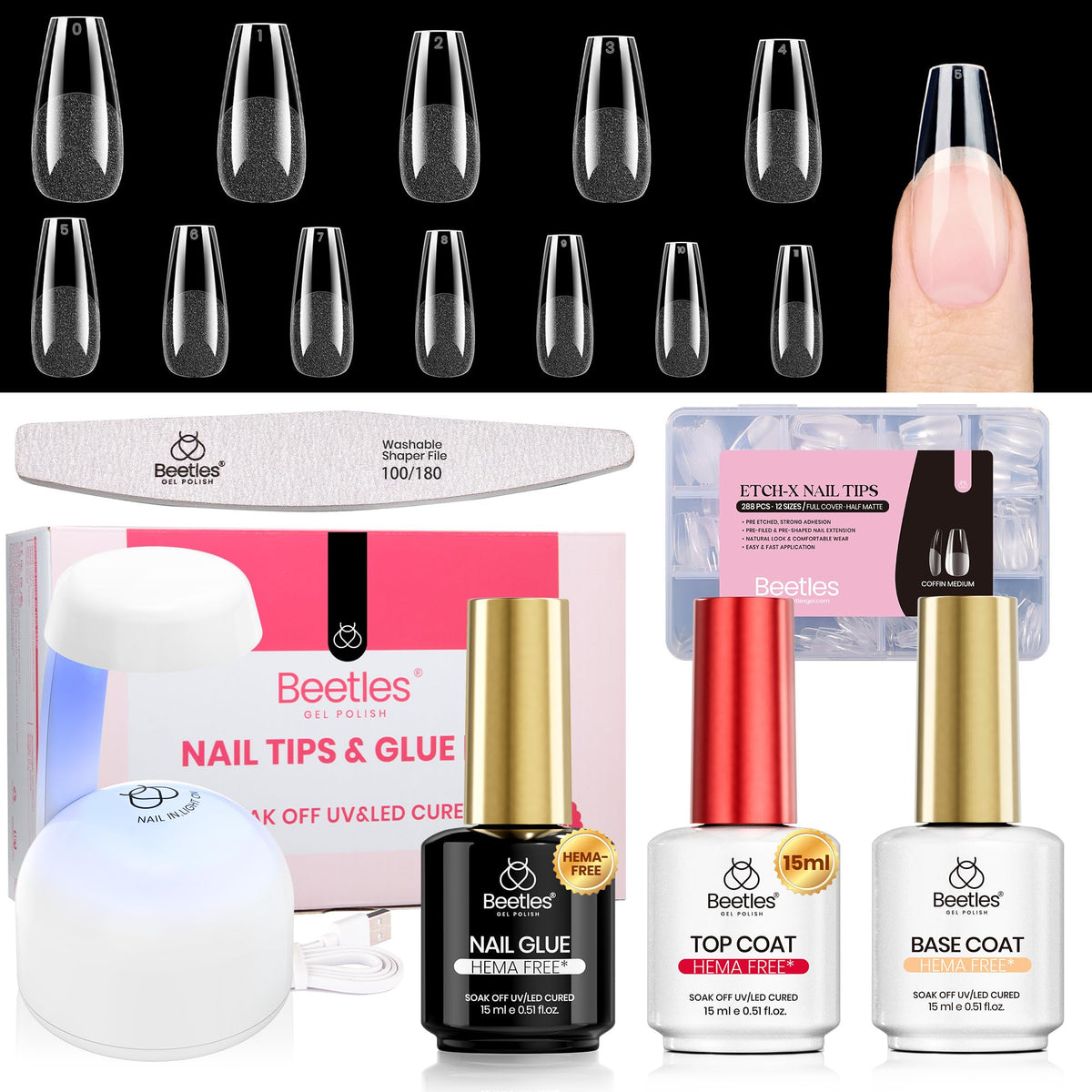 Beetles Soft Gel Nail Tips Short Almond 288pcs in 12 Sizes Etch-X | Pre-Etched Full Cover Acrylic Fake Nails, Salon Quality Nail Supplies, Easy DIY Extension Press On Nails, Gift for Women