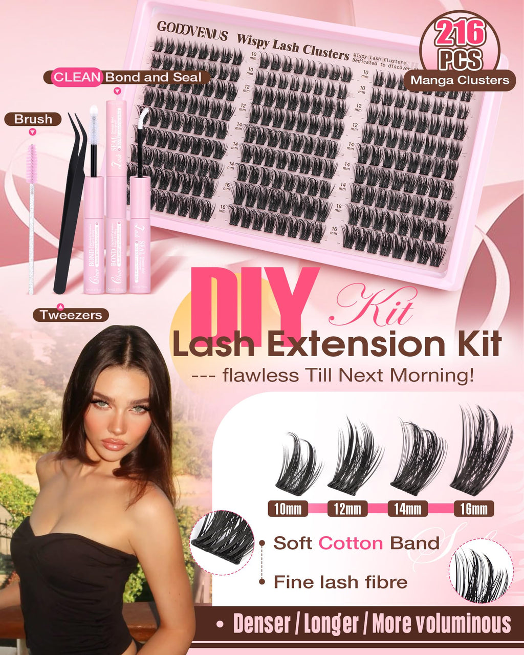 Goddvenus Lash Clusters Kit Wispy Eyelash Clusters Lashes Natural DIY Lash Extension Kit 10-16mm Cluster Eyelash Extensions Kit 300pcs C Curl Individual Lashes Cluster Eyelash (No Tweezers)
