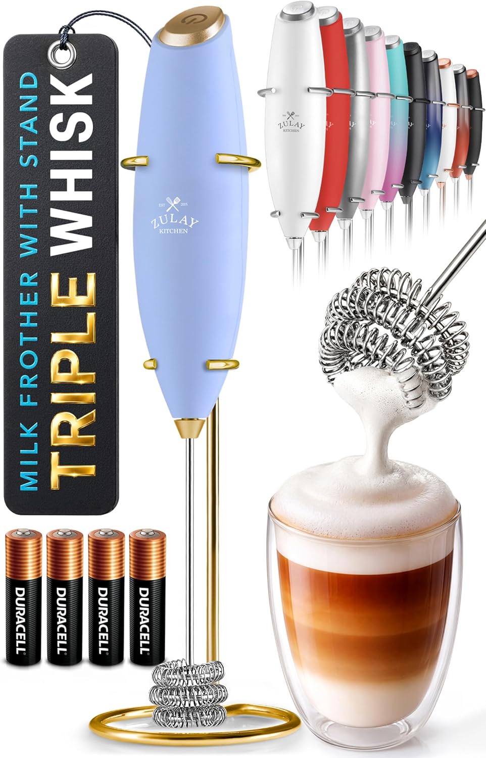 Zulay Kitchen Powerful Milk Frother Wand With Duracell Batteries - Ultra Fast Handheld Drink Mixer - Electric Whisk Foam Maker for Coffee, Lattes, Cappuccino & Matcha - Triple Whisk - Pale Cloud