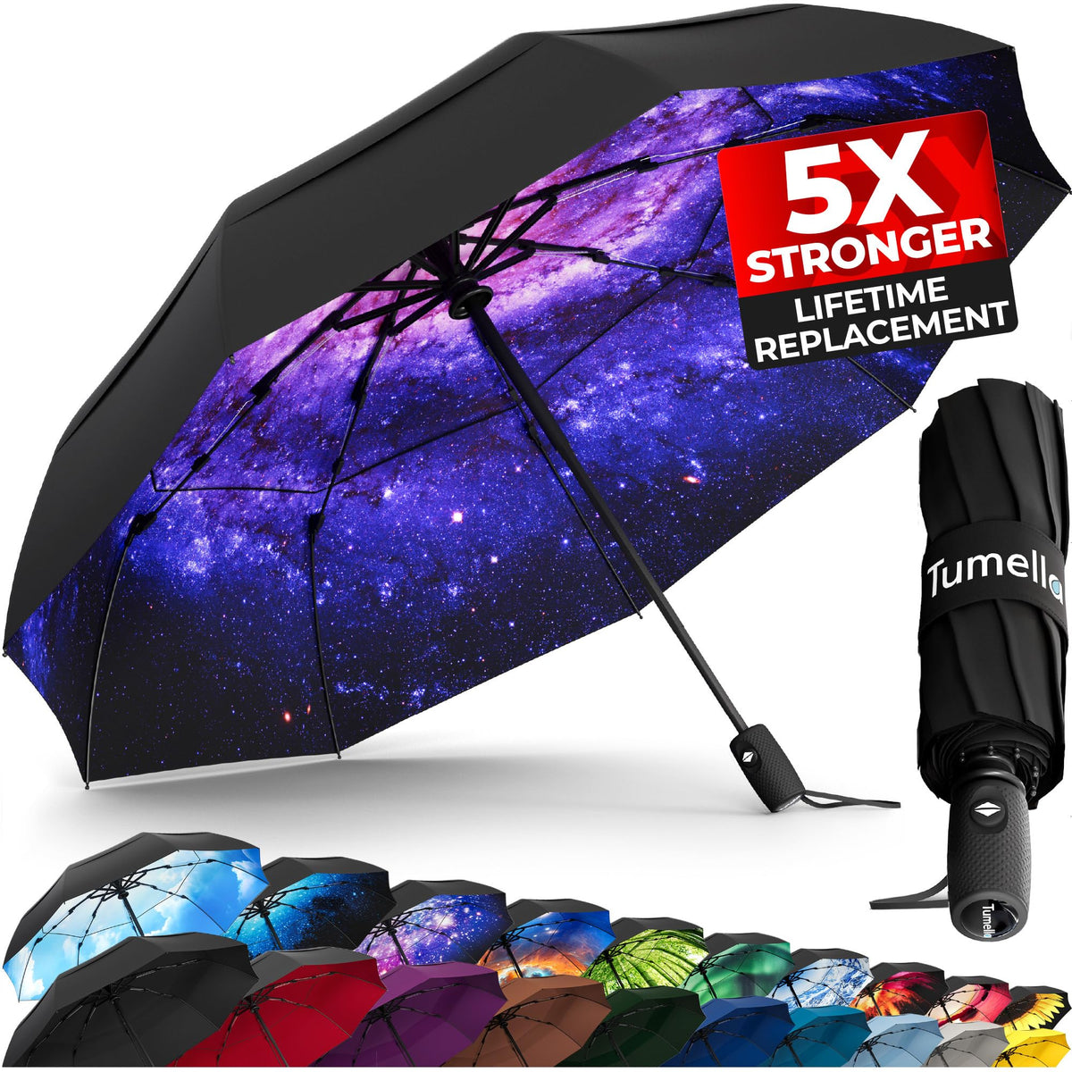 TUMELLA Strongest Windproof Travel Umbrella (Compact, 100MPH Wind-Tested), Light, Portable, One-Handed Use, Automatic Folding Rain Umbrella, Durable, Premium Grip, Fits Car & Backpack