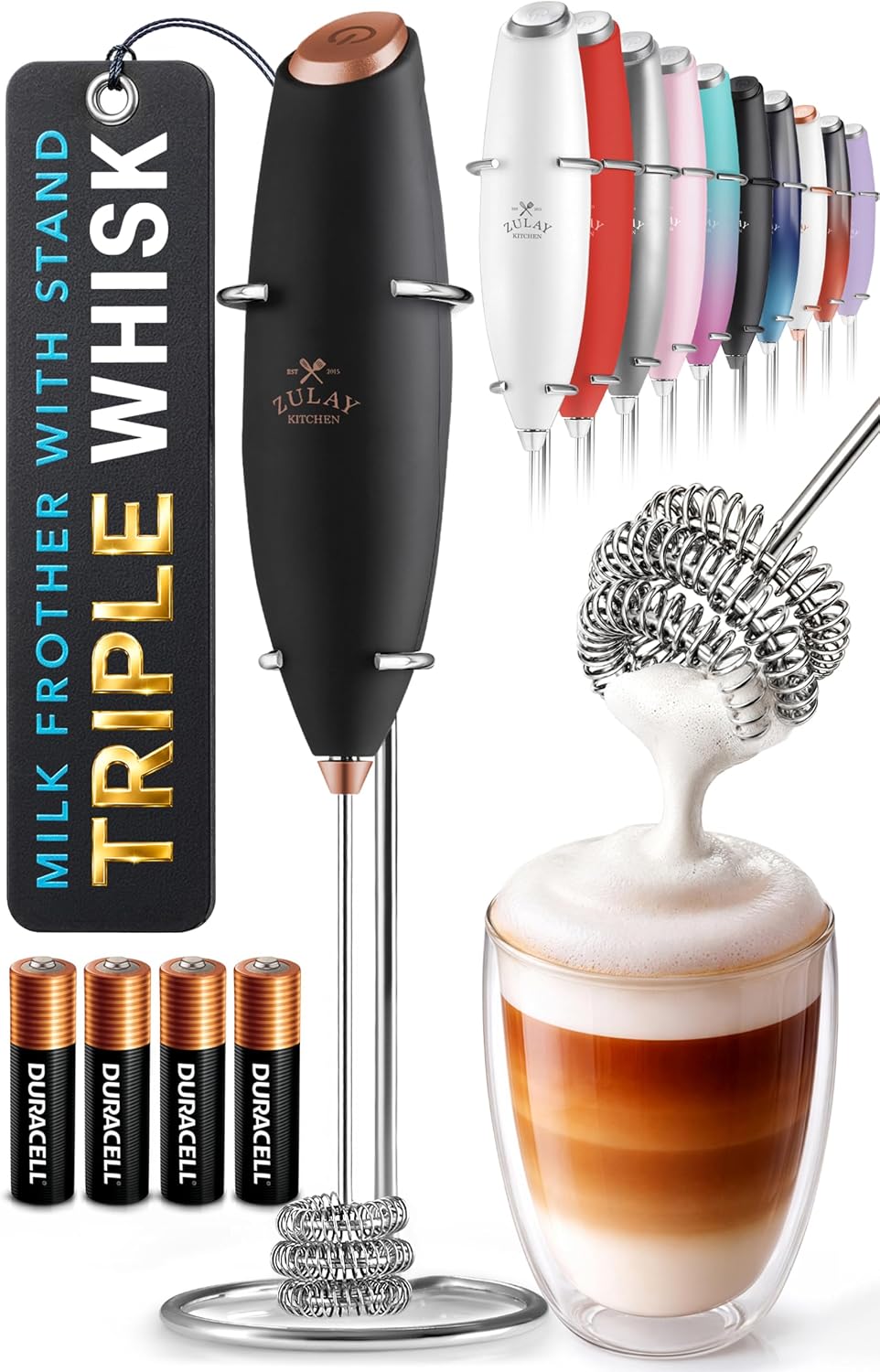 Zulay Kitchen Powerful Milk Frother Wand With Duracell Batteries - Ultra Fast Handheld Drink Mixer - Electric Whisk Foam Maker for Coffee, Lattes, Cappuccino & Matcha - Triple Whisk - Pale Cloud