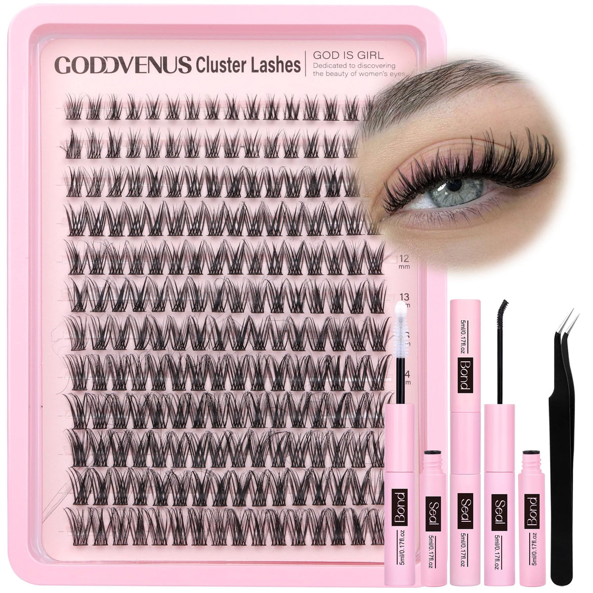Goddvenus Lash Clusters Kit Wispy Eyelash Clusters Lashes Natural DIY Lash Extension Kit 10-16mm Cluster Eyelash Extensions Kit 300pcs C Curl Individual Lashes Cluster Eyelash (No Tweezers)