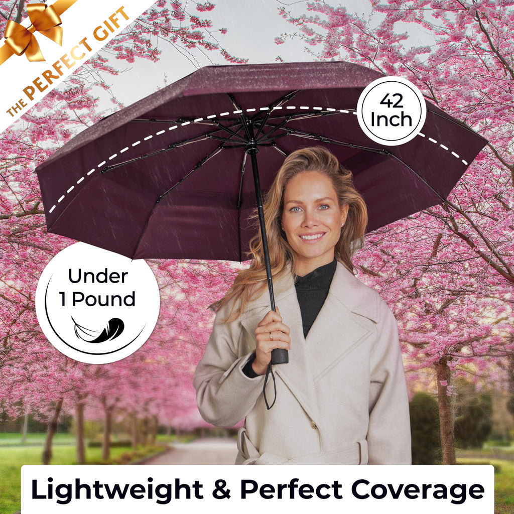 TUMELLA Strongest Windproof Travel Umbrella (Compact, 100MPH Wind-Tested), Light, Portable, One-Handed Use, Automatic Folding Rain Umbrella, Durable, Premium Grip, Fits Car & Backpack