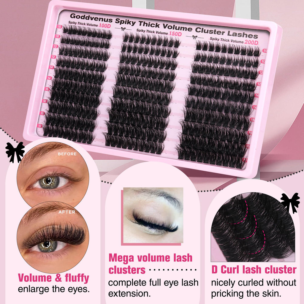 Goddvenus Lash Clusters Kit Wispy Eyelash Clusters Lashes Natural DIY Lash Extension Kit 10-16mm Cluster Eyelash Extensions Kit 300pcs C Curl Individual Lashes Cluster Eyelash (No Tweezers)