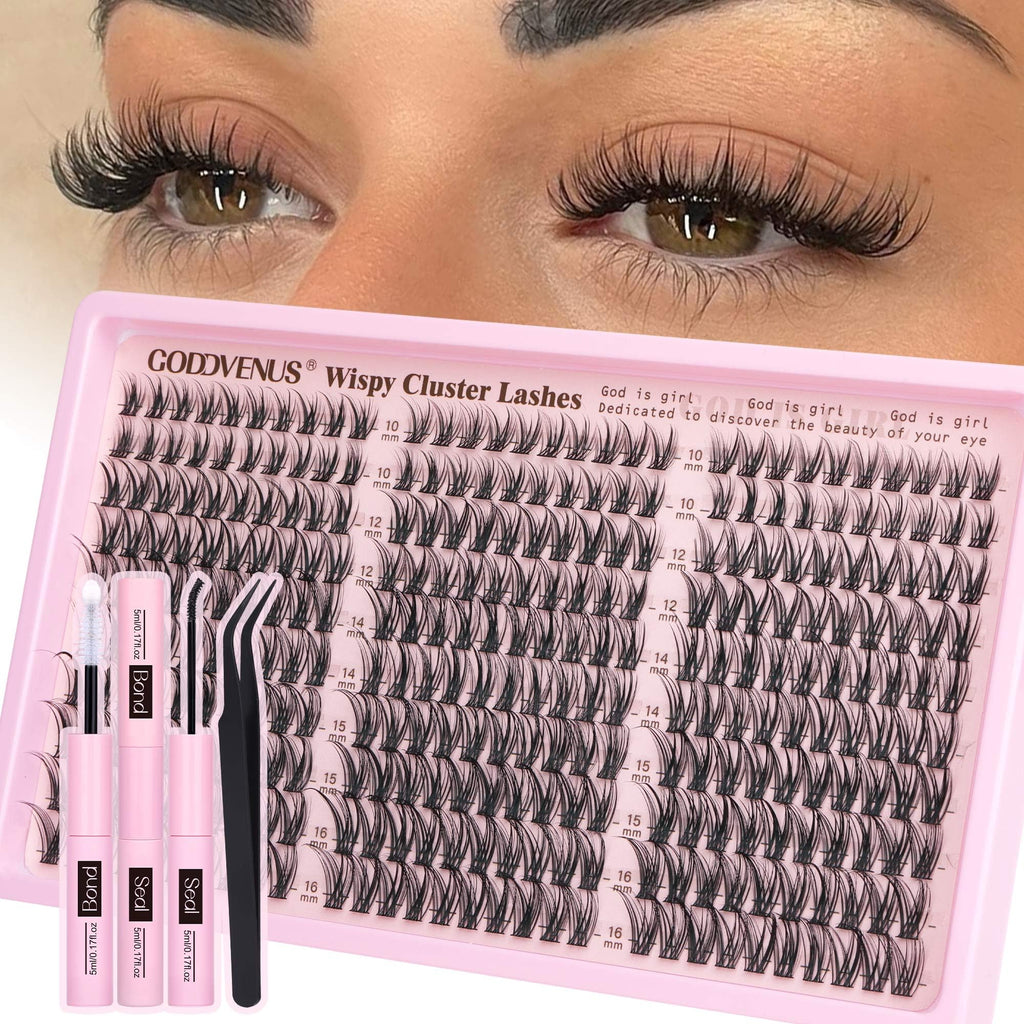 Goddvenus Lash Clusters Kit Wispy Eyelash Clusters Lashes Natural DIY Lash Extension Kit 10-16mm Cluster Eyelash Extensions Kit 300pcs C Curl Individual Lashes Cluster Eyelash (No Tweezers)