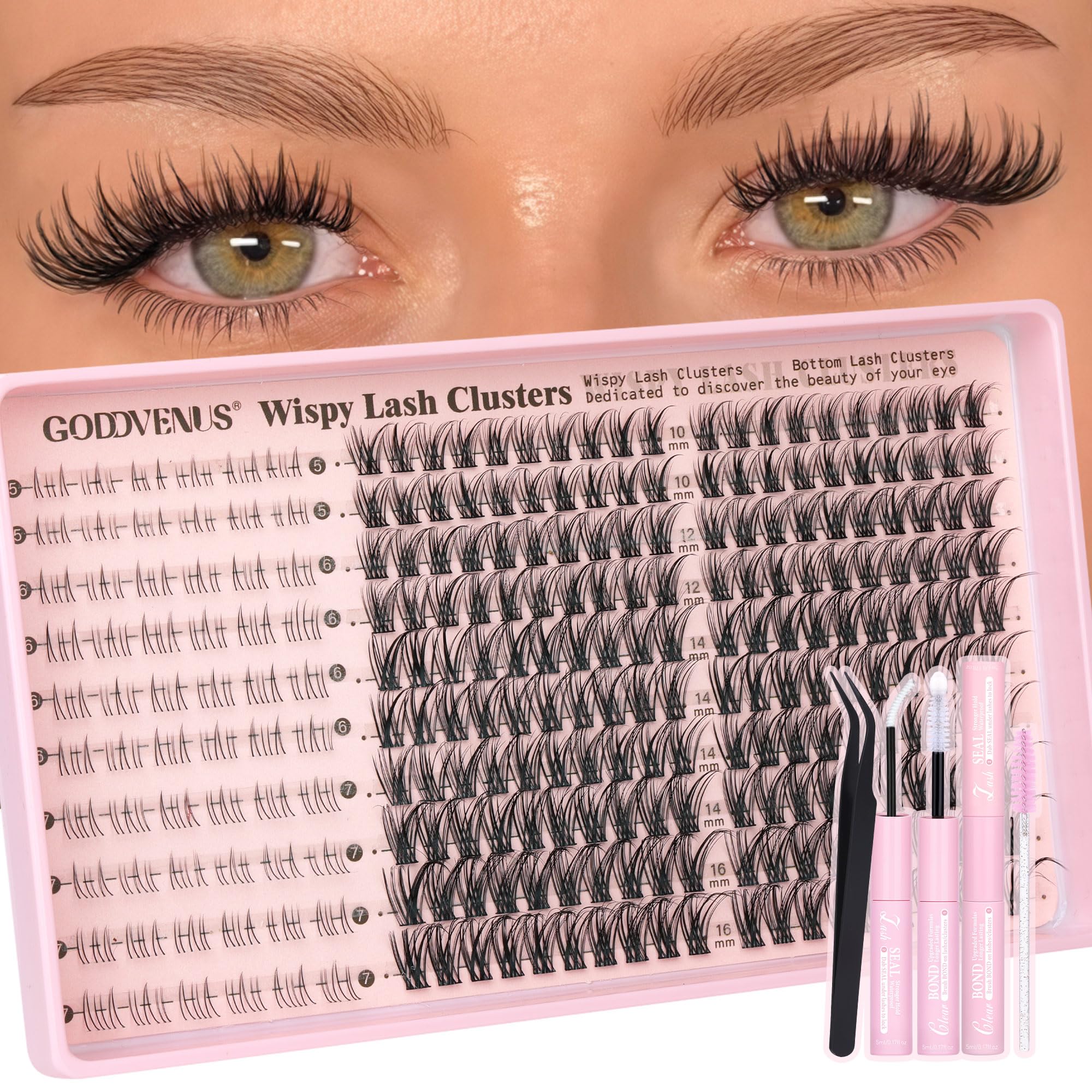 Goddvenus Lash Clusters Kit Wispy Eyelash Clusters Lashes Natural DIY Lash Extension Kit 10-16mm Cluster Eyelash Extensions Kit 300pcs C Curl Individual Lashes Cluster Eyelash (No Tweezers)