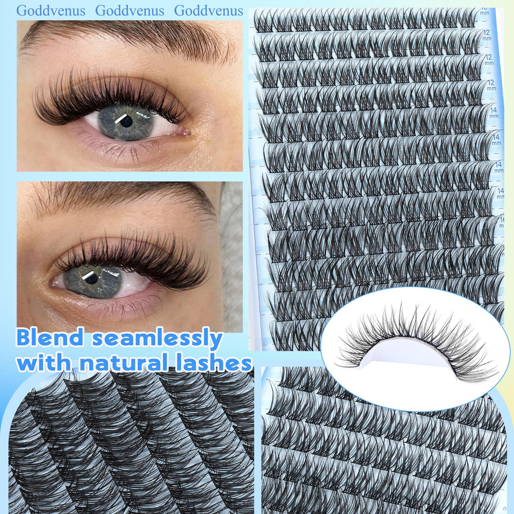 Goddvenus Lash Clusters Kit Wispy Eyelash Clusters Lashes Natural DIY Lash Extension Kit 10-16mm Cluster Eyelash Extensions Kit 300pcs C Curl Individual Lashes Cluster Eyelash (No Tweezers)