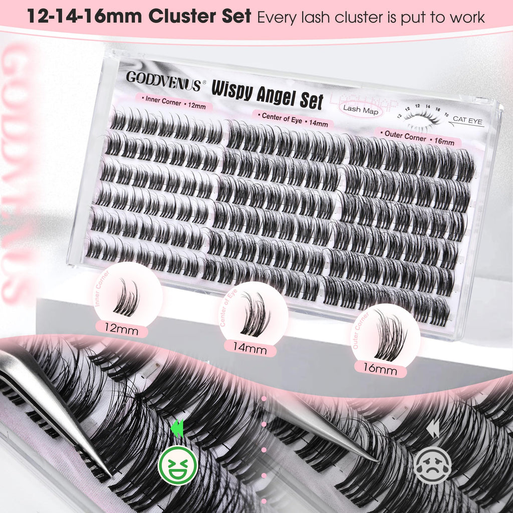 Goddvenus Lash Clusters Kit Wispy Eyelash Clusters Lashes Natural DIY Lash Extension Kit 10-16mm Cluster Eyelash Extensions Kit 300pcs C Curl Individual Lashes Cluster Eyelash (No Tweezers)