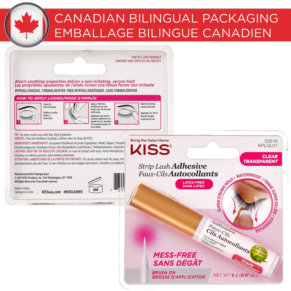 Kiss Lash Adhesive, Lash Glue, 24hr Strip Eyelash Adhesive, Clear, Includes Lash Adhesive, Long Lasting Wear, Can Be Used with Strip Lashes and Lash Clusters