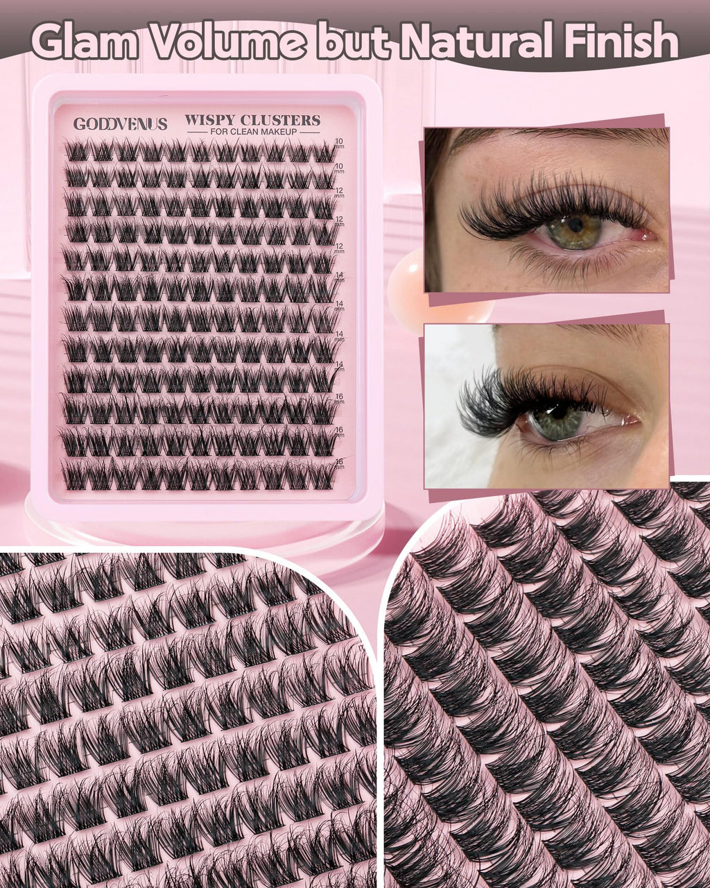 Goddvenus Lash Clusters Kit Wispy Eyelash Clusters Lashes Natural DIY Lash Extension Kit 10-16mm Cluster Eyelash Extensions Kit 300pcs C Curl Individual Lashes Cluster Eyelash (No Tweezers)